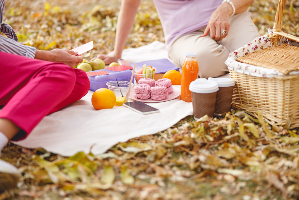 Close up picture of different food and drinks standing on the picnic blanket